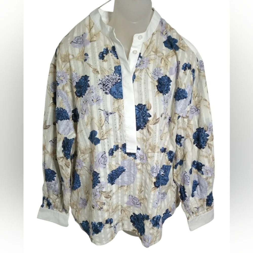Tory Burch Peony Floral Blouse Split Neck Mandarin Collar Designer Top Sz M